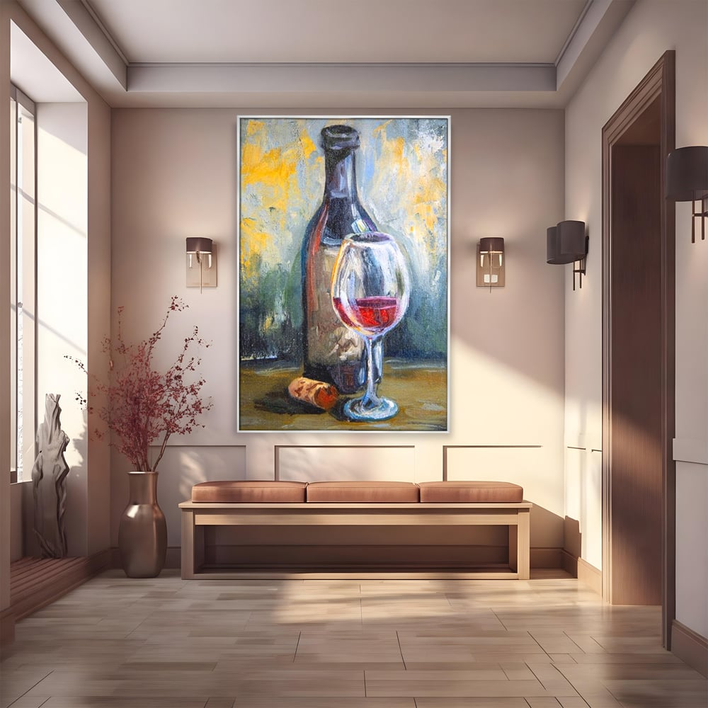 Tablou Canvas Pictura cu Sticla de Vin si Pahar, Gri si Maro, N1015